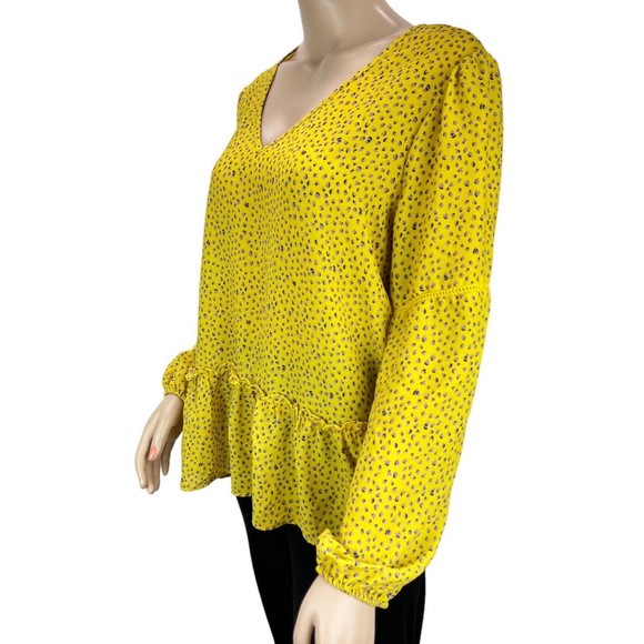 Pleione Anthropologie Yellow Top w/purple Dots LARGE Crochet Trim Ruffle Hem - Picture 6 of 11
